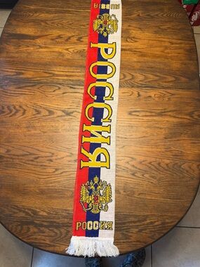 Russ Knit Tricolor Scarf with Crest — Red, Blue, White, Yellow